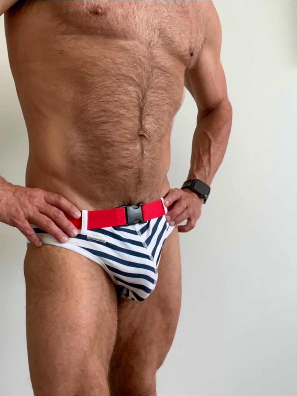 Striped Men's Swim Briefs with Red Accent Belt by Jack Adams, Large